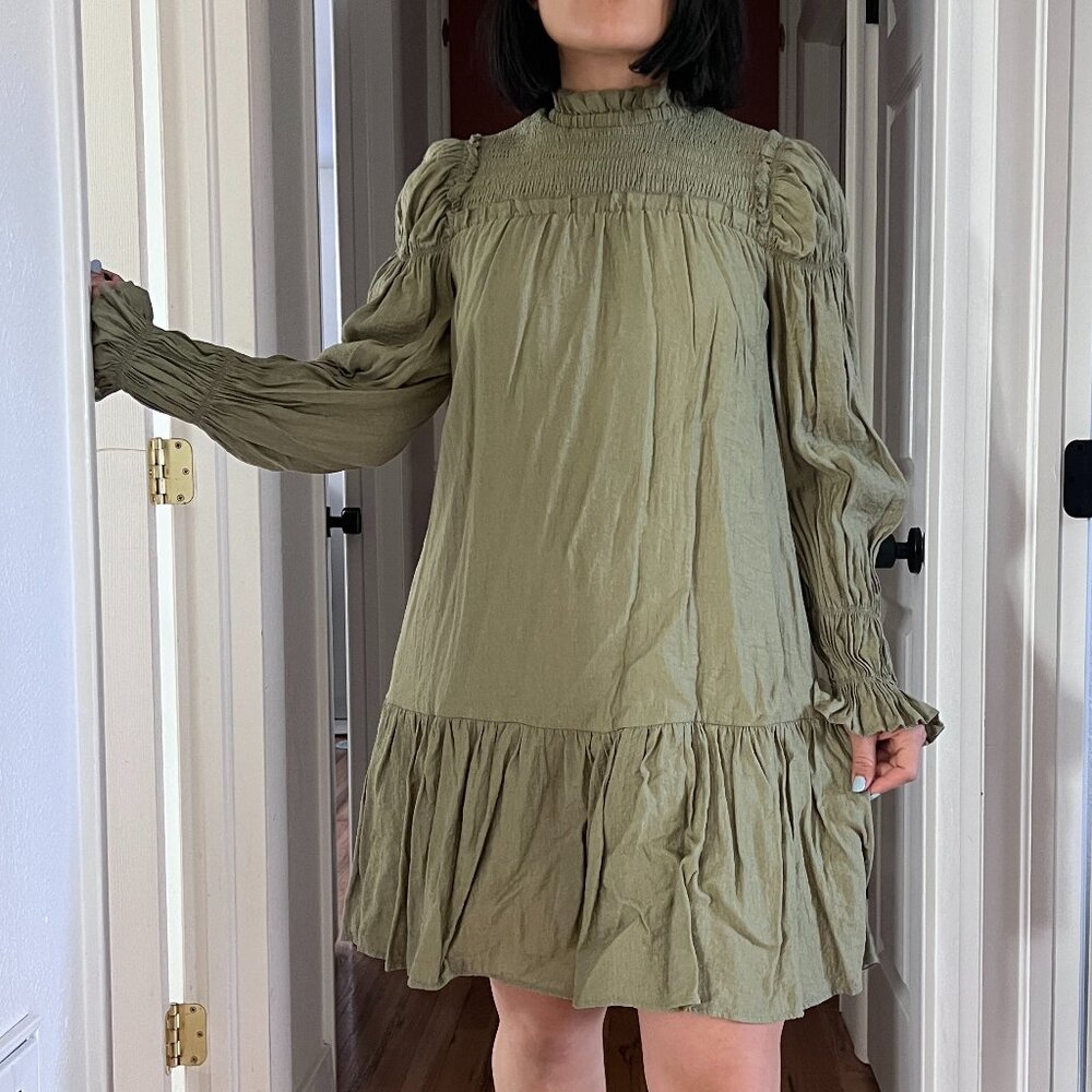 Anthropologie Moon River Ruffle Puffed Sleeve Mini dress Green Olive small Boho